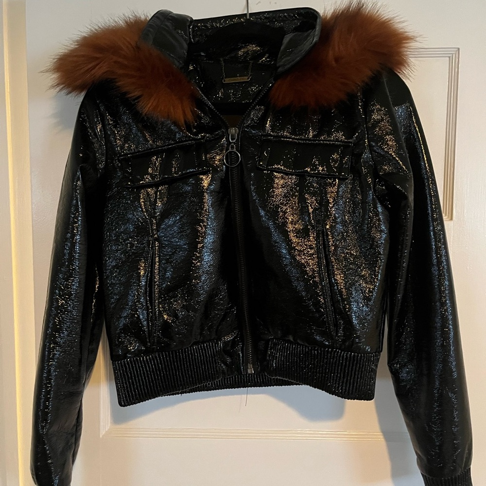 Black Vegan Patent Leather Jacket with Brown Fur Collar